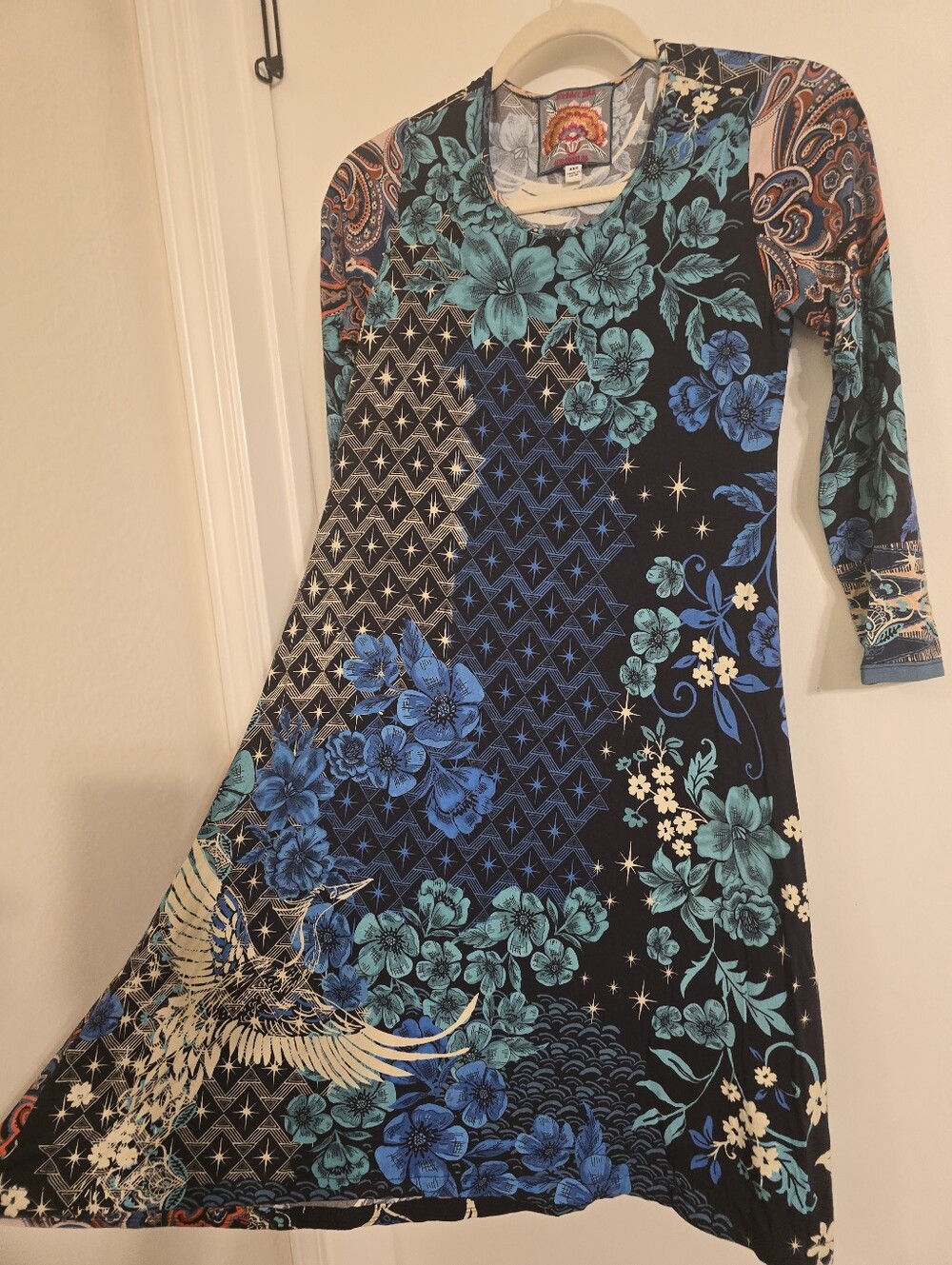Johnny Was Teal and Navy Floral Print Knee-Length Dress Sz XXS - Picture 4 of 17